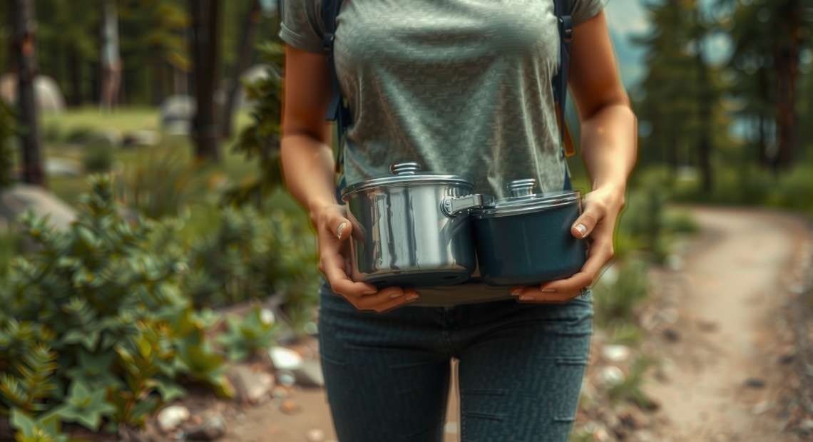 camping cookware set — lifestyle photo showing Odoland 5pcs Camping Cookware in use