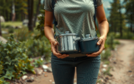 camping cookware set — lifestyle photo showing Odoland 5pcs Camping Cookware in use