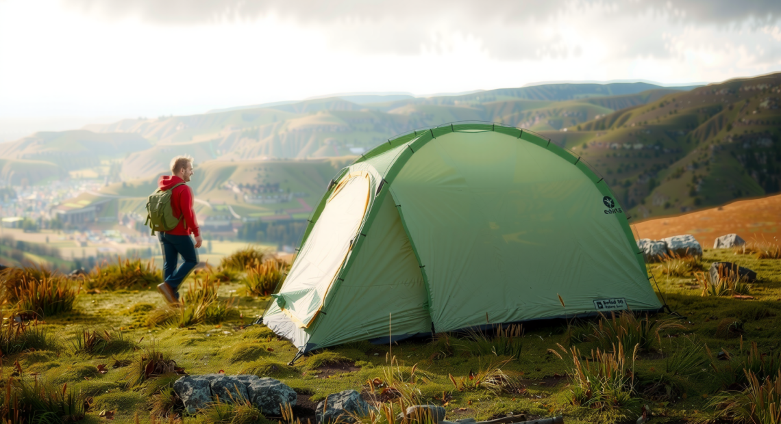 Green pop-up dome tent pitched on a UK hillside overlooking a valley with a hiker nearby — Coleman pop-up tent review