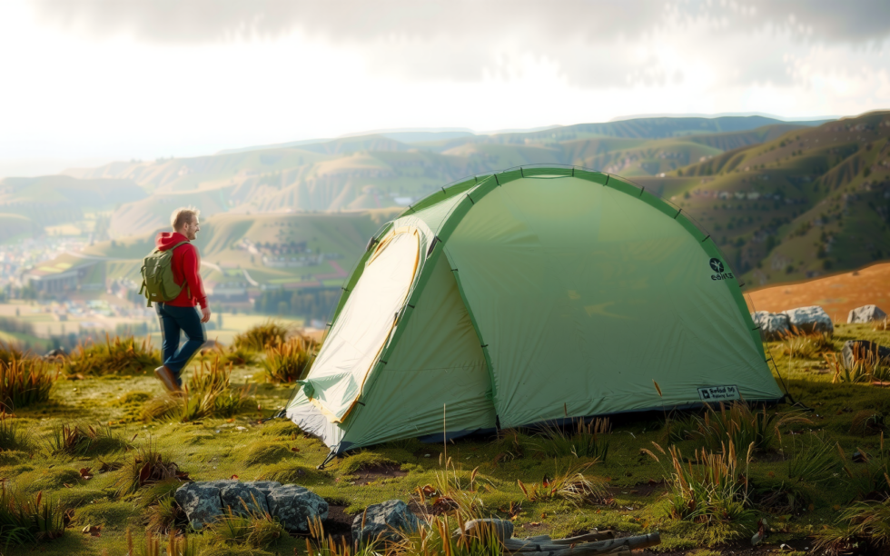 Green pop-up dome tent pitched on a UK hillside overlooking a valley with a hiker nearby — Coleman pop-up tent review