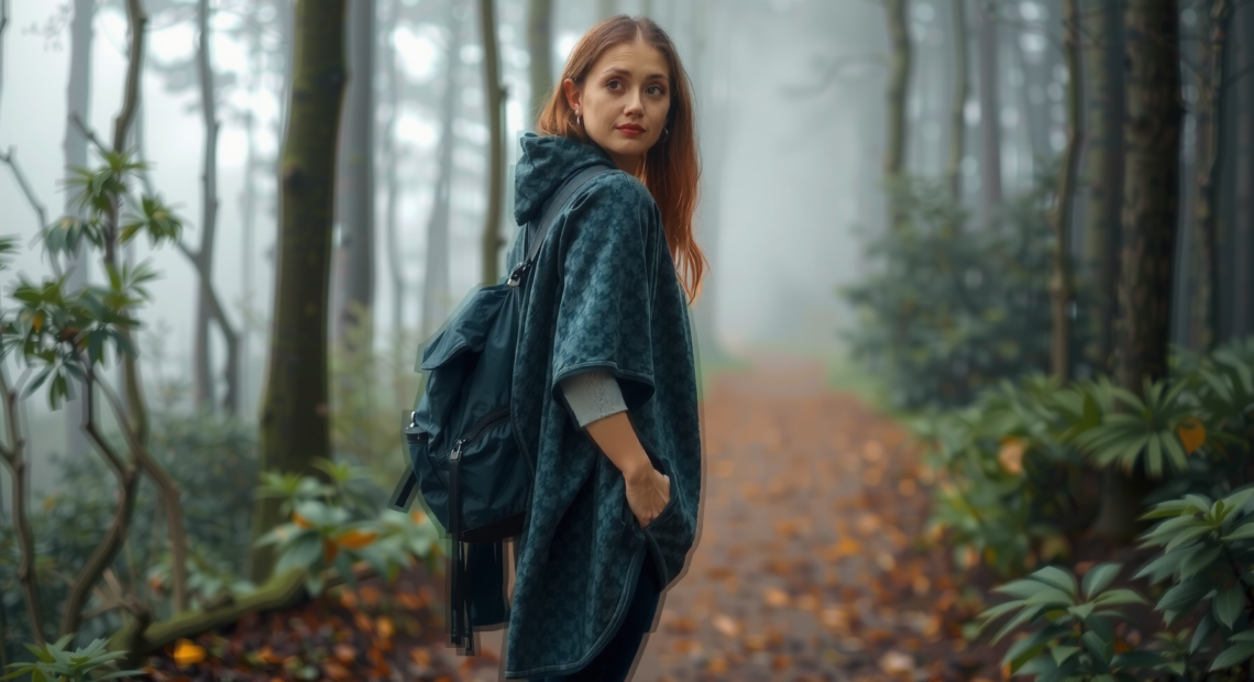waterproof rain poncho for adults — lifestyle photo showing Houbobo Hooded Rain Poncho in use