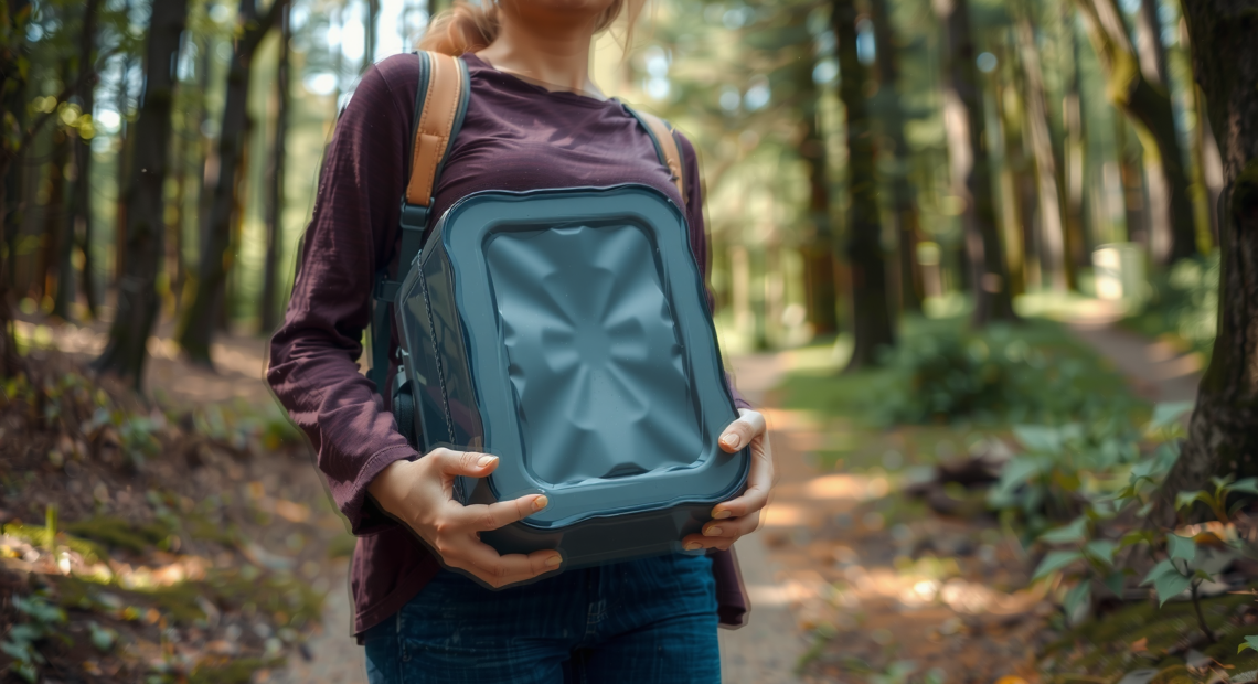 portable camping shower rechargeable — lifestyle photo showing WADEO Portable Camping Shower, in use
