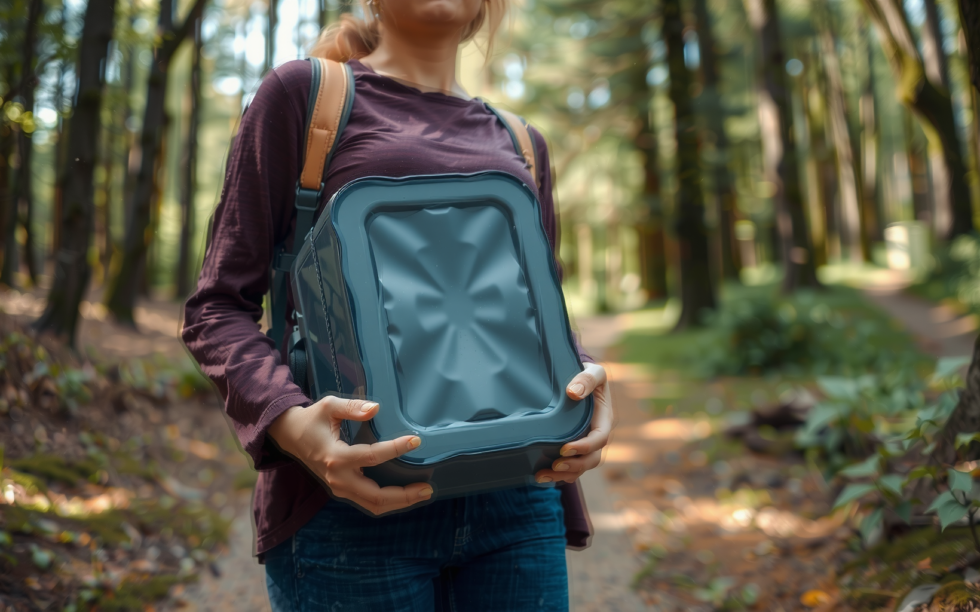 portable camping shower rechargeable — lifestyle photo showing WADEO Portable Camping Shower, in use
