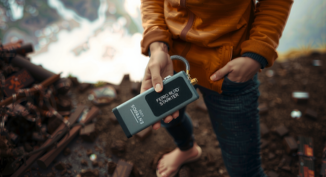 ferro rod fire starter kit — lifestyle photo showing RKR OUTDOOR Ferro Rod in use
