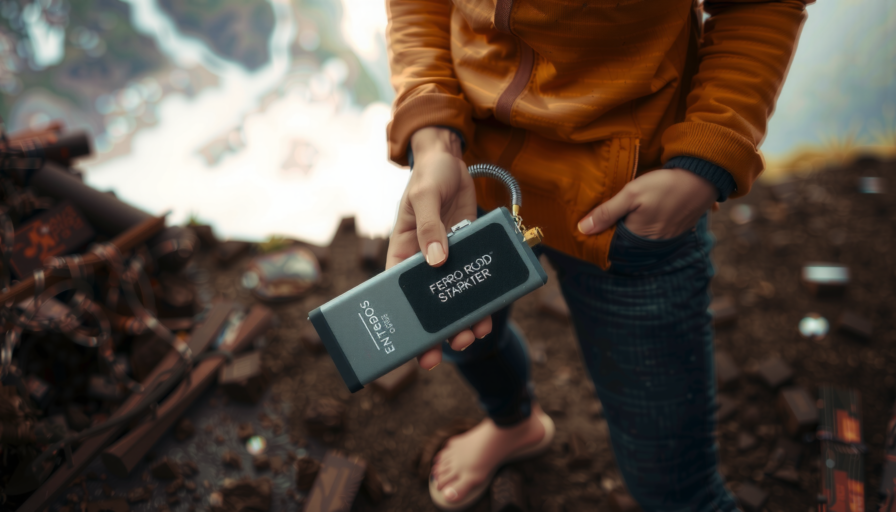 ferro rod fire starter kit — lifestyle photo showing RKR OUTDOOR Ferro Rod in use