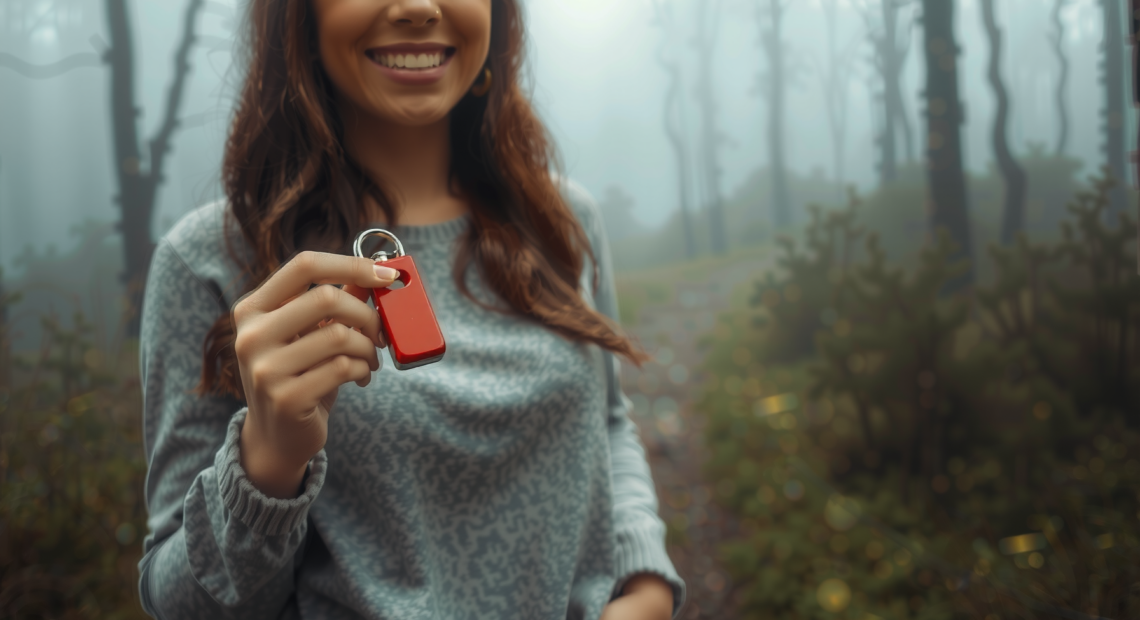 emergency whistle with keyring — lifestyle photo showing 2Pcs Golden Metal Emergency in use