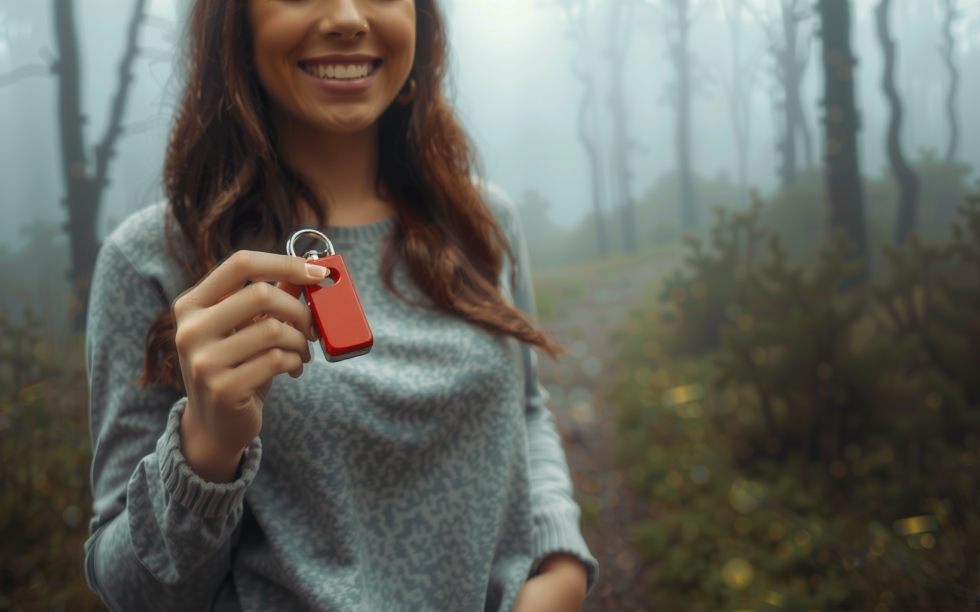 emergency whistle with keyring — lifestyle photo showing 2Pcs Golden Metal Emergency in use