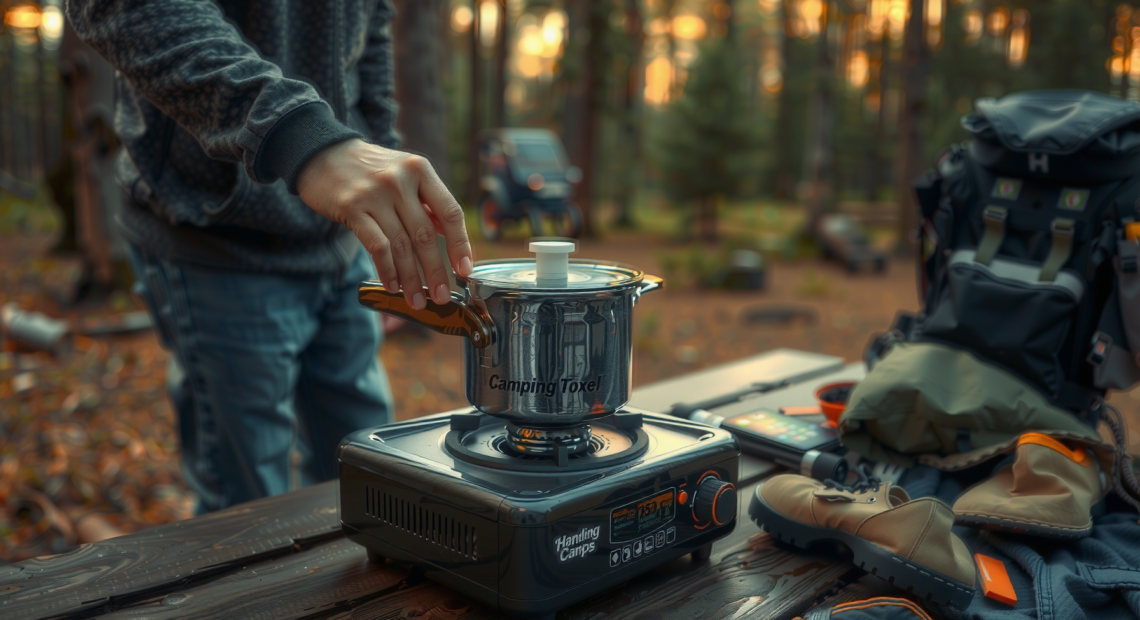 portable camping cooking set uk — lifestyle photo showing DUOJIN Camping Cooking Set in use