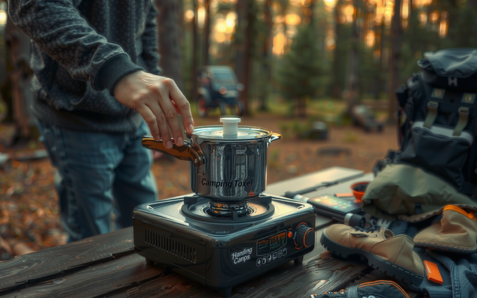 portable camping cooking set uk — lifestyle photo showing DUOJIN Camping Cooking Set in use