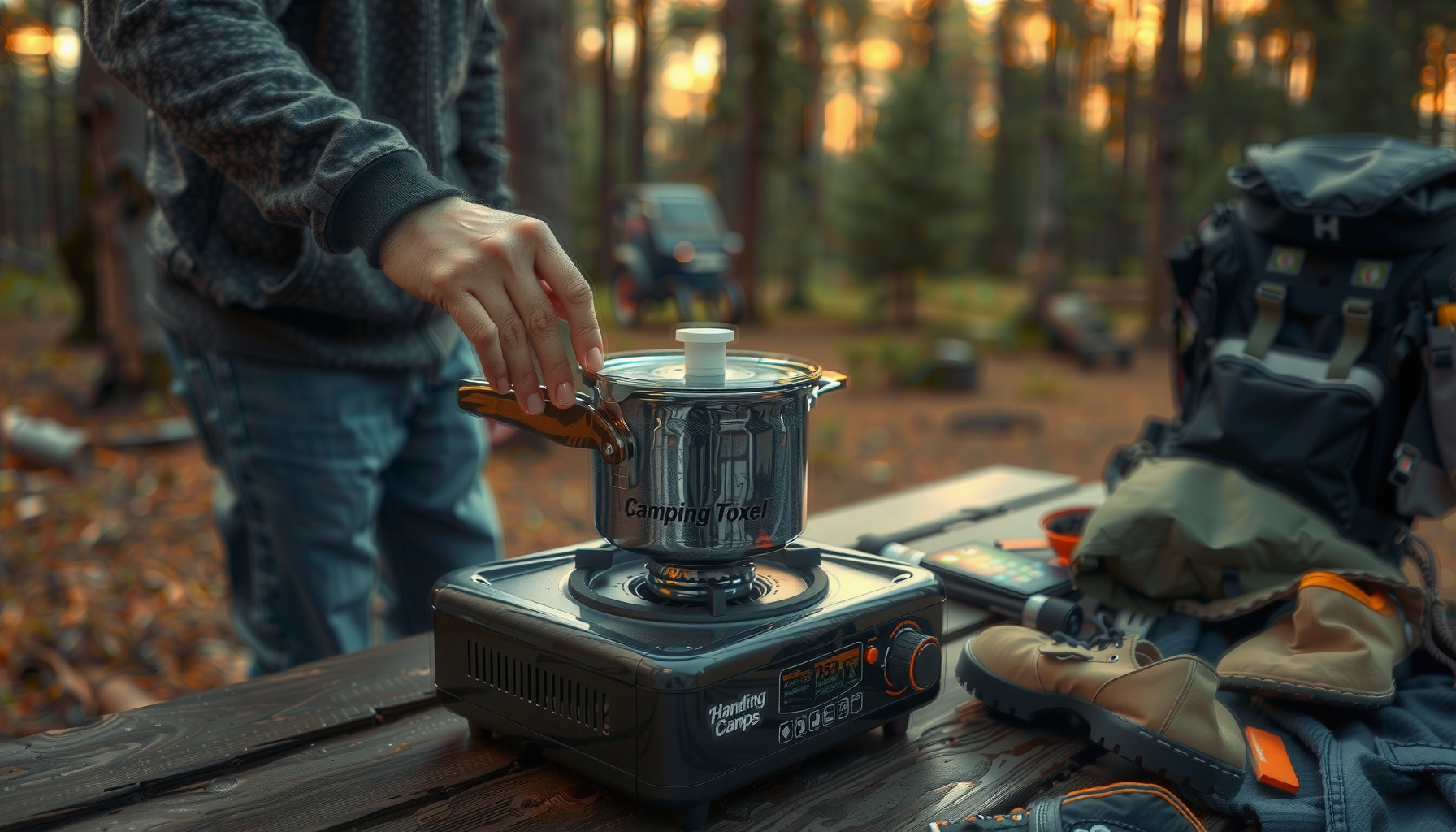 portable camping cooking set uk — lifestyle photo showing DUOJIN Camping Cooking Set in use
