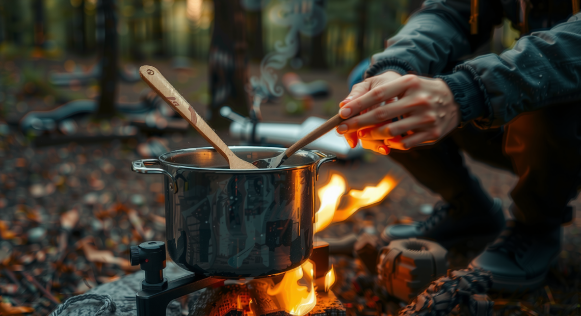 odoland camping cookware set uk — lifestyle photo showing Odoland Camping Cookware Set, in use