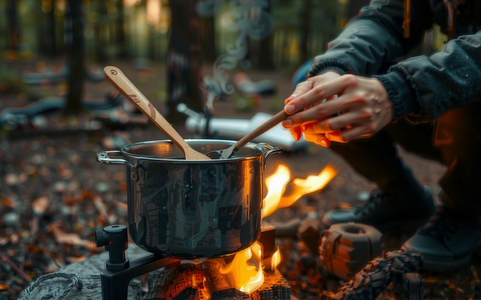 odoland camping cookware set uk — lifestyle photo showing Odoland Camping Cookware Set, in use