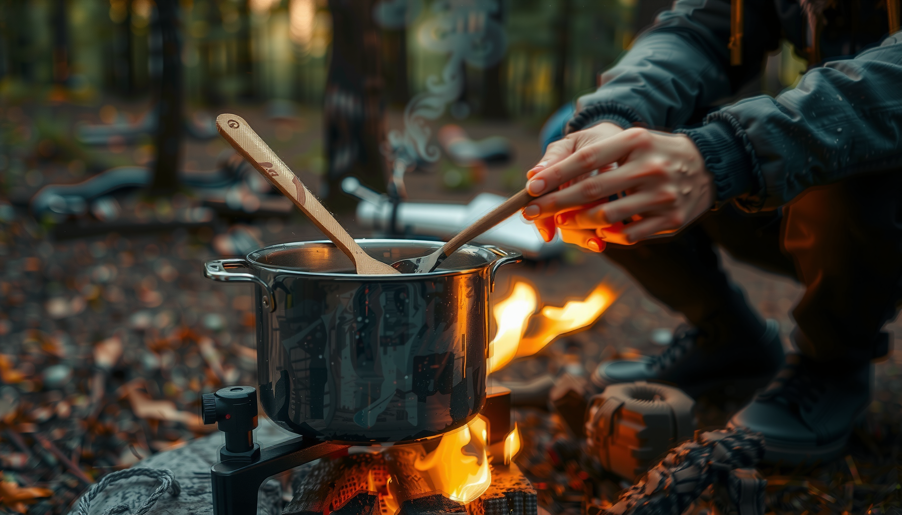 odoland camping cookware set uk — lifestyle photo showing Odoland Camping Cookware Set, in use
