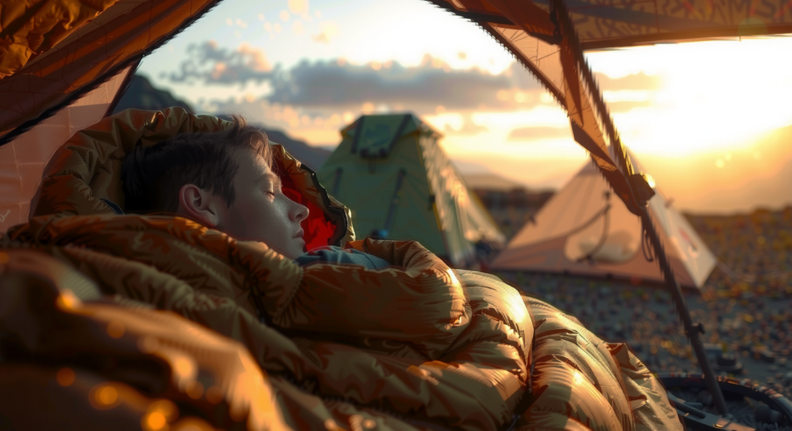 Camper resting in a warm down sleeping bag at a mountain campsite at dawn, tents behind — Rab Ascent 700 review