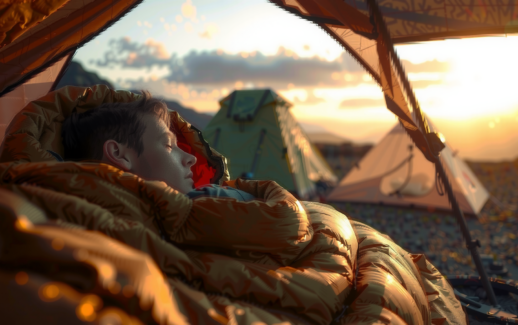 Camper resting in a warm down sleeping bag at a mountain campsite at dawn, tents behind — Rab Ascent 700 review