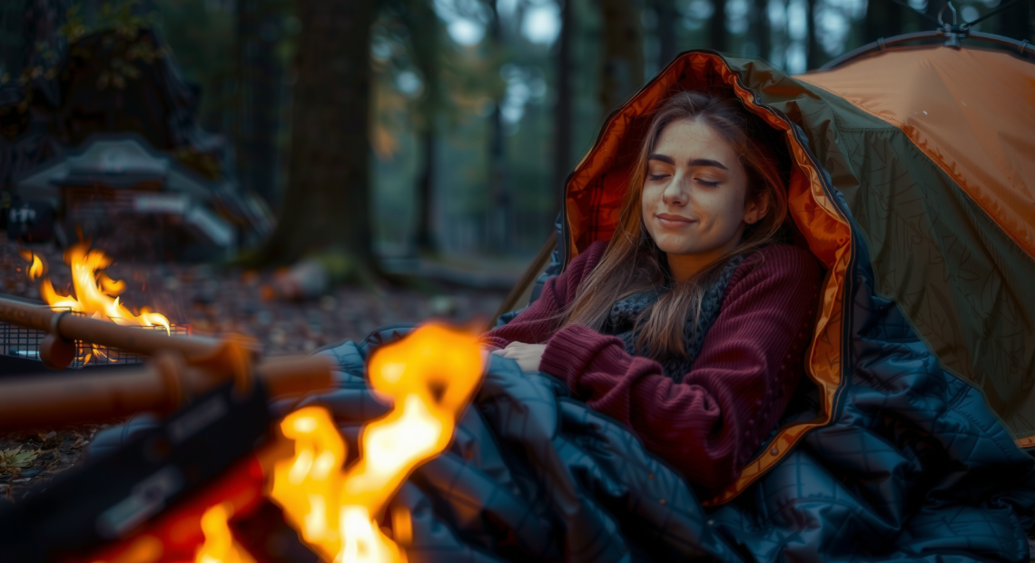 Woman relaxing in a warm sleeping bag beside a campfire in a woodland at dusk — Vango Nitestar review