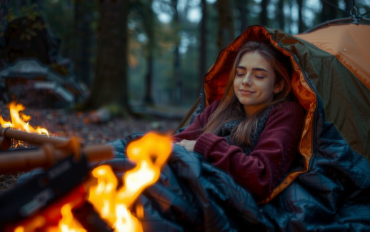 Woman relaxing in a warm sleeping bag beside a campfire in a woodland at dusk — Vango Nitestar review