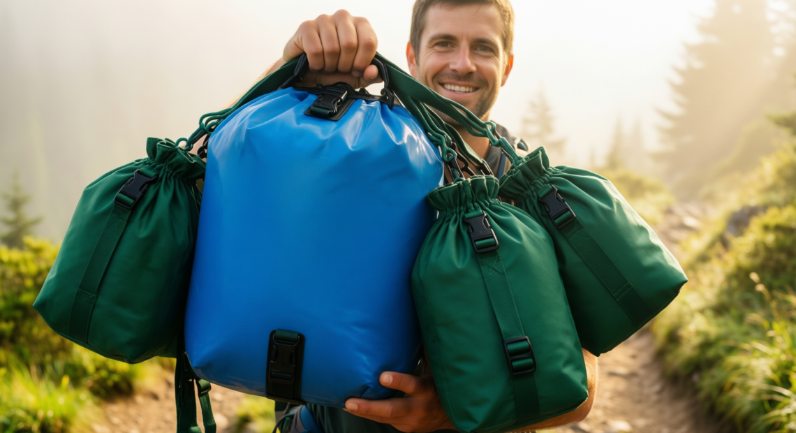 waterproof dry bags for backpacking — illustrative AI-generated lifestyle image