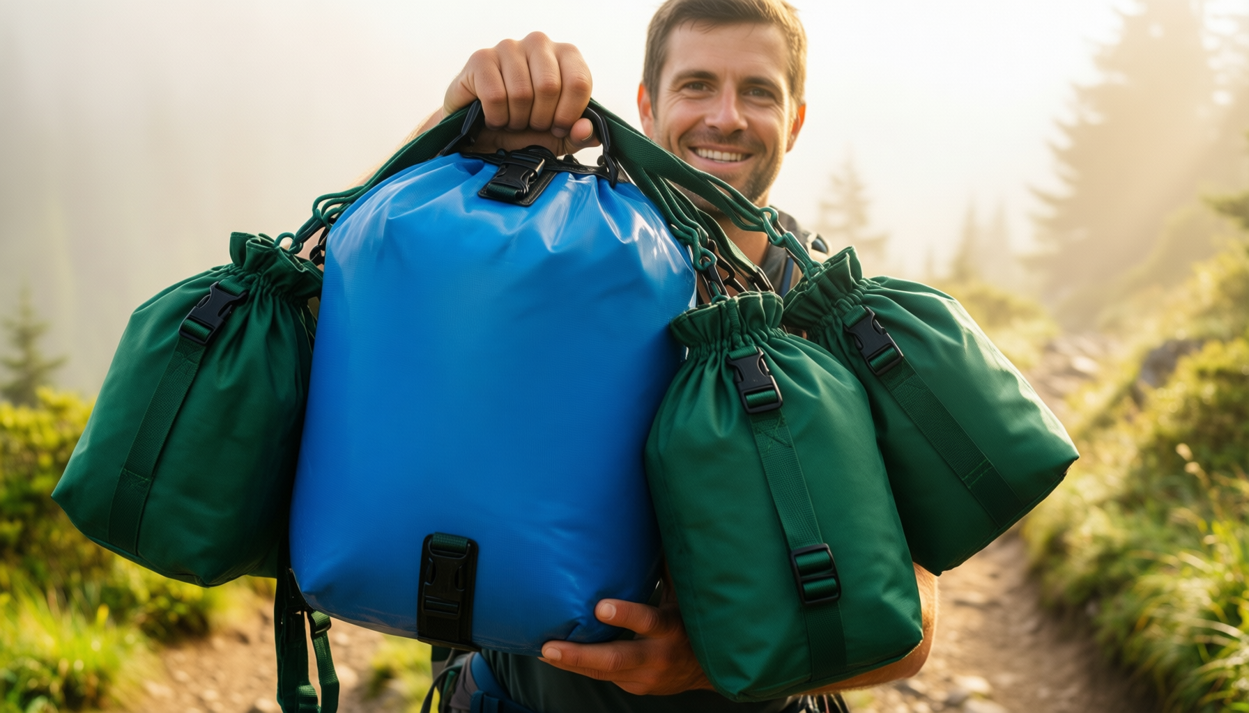 waterproof dry bags for backpacking — illustrative AI-generated lifestyle image