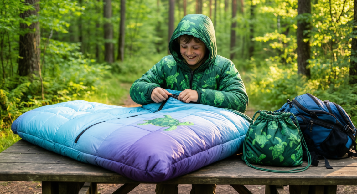 turtle printed camping sleeping bag — illustrative AI-generated lifestyle image