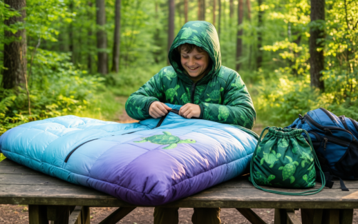 turtle printed camping sleeping bag — illustrative AI-generated lifestyle image