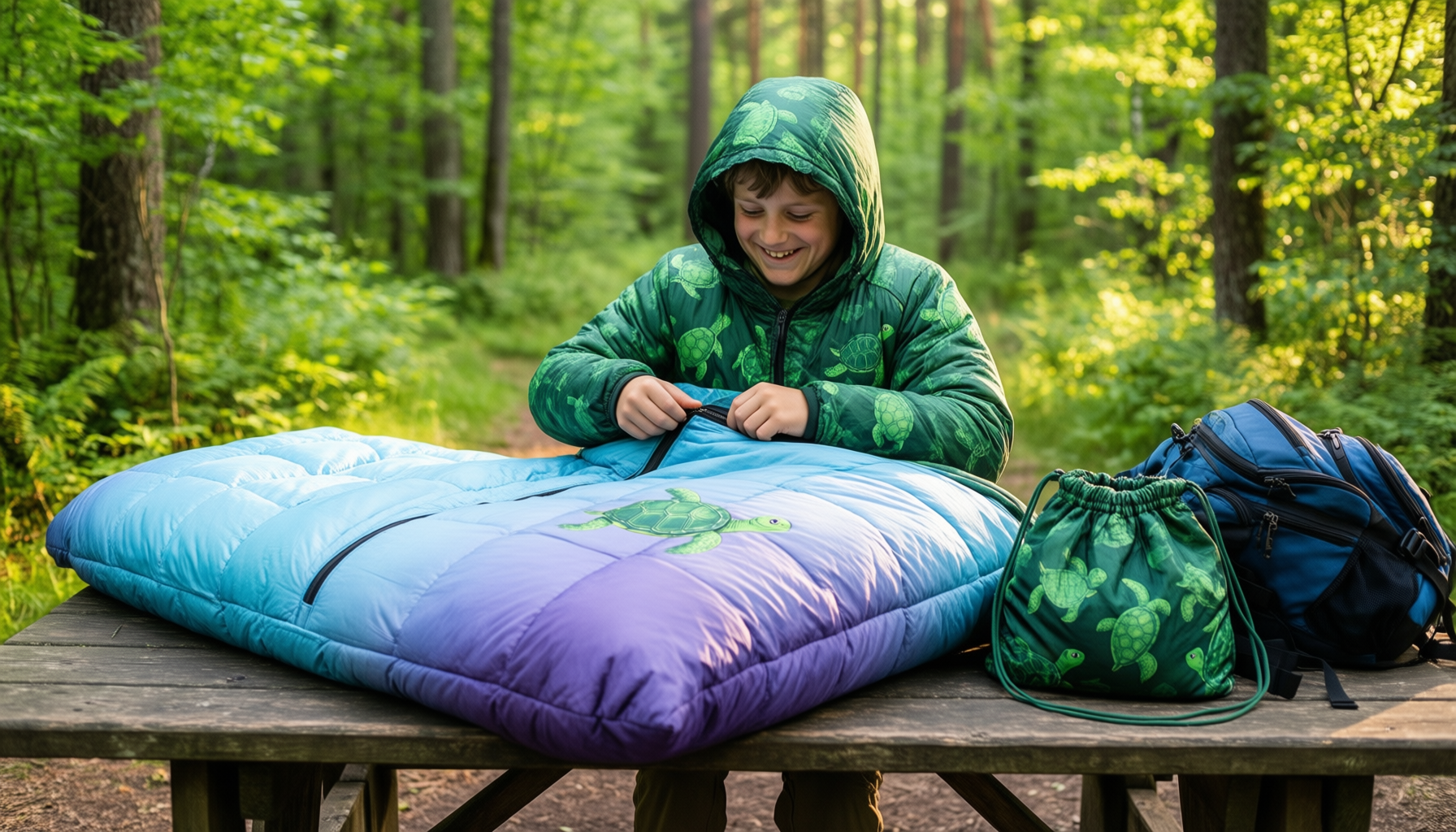 turtle printed camping sleeping bag — illustrative AI-generated lifestyle image