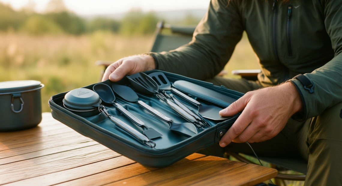 camping cooking utensils set — illustrative AI-generated lifestyle image