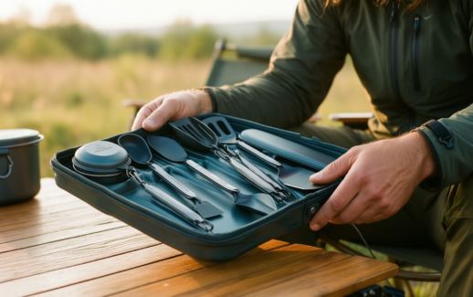 camping cooking utensils set — illustrative AI-generated lifestyle image