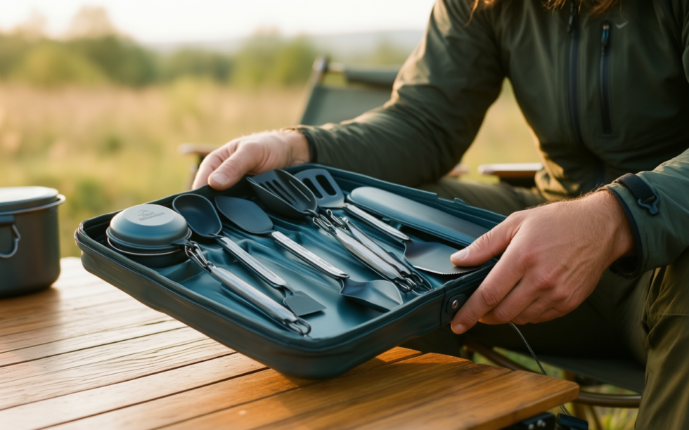 camping cooking utensils set — illustrative AI-generated lifestyle image