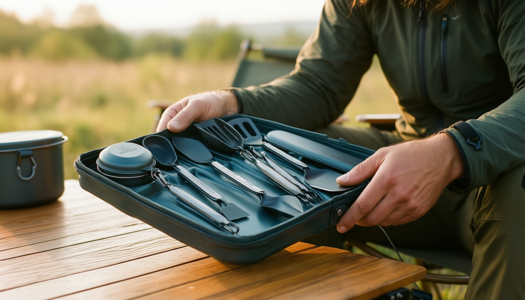 camping cooking utensils set — illustrative AI-generated lifestyle image