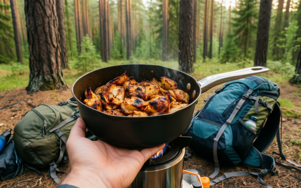 camping cookware set with stove — illustrative AI-generated lifestyle image