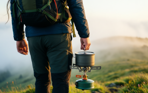 campingaz chef folding double burner stove — illustrative AI-generated lifestyle image