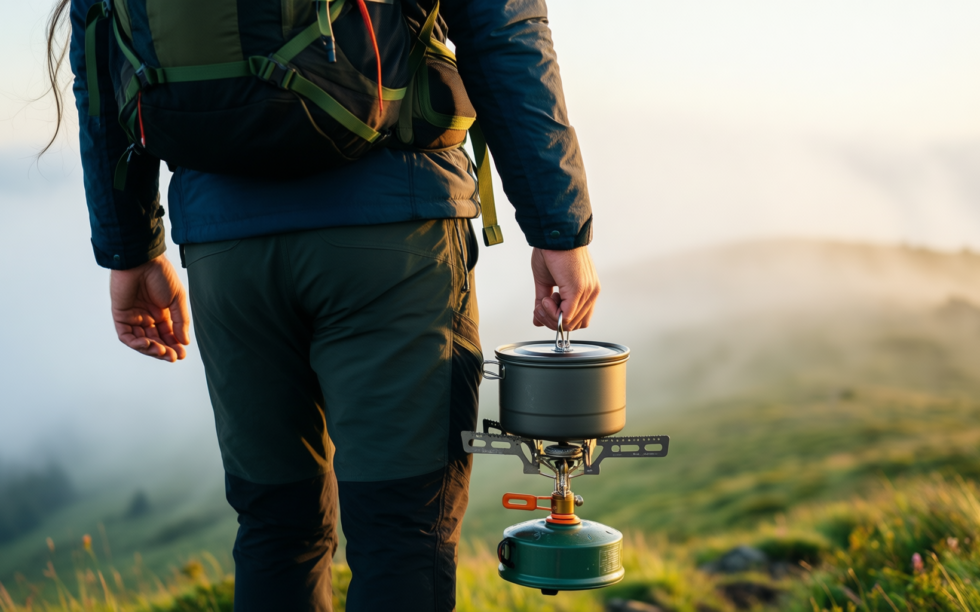 campingaz chef folding double burner stove — illustrative AI-generated lifestyle image