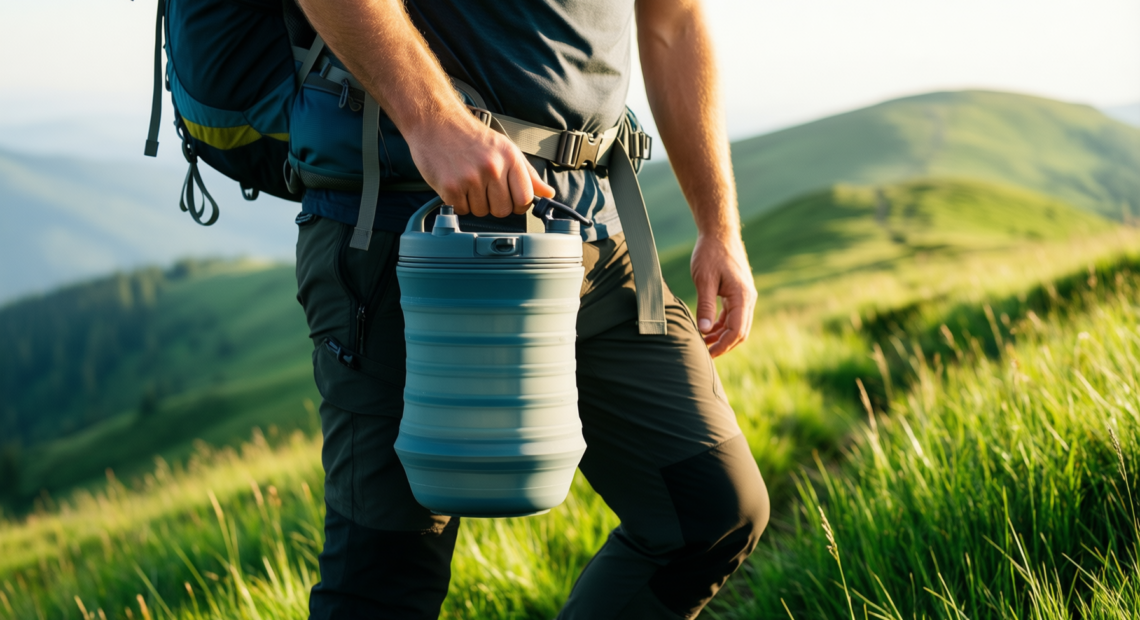 collapsible water container with tap — illustrative AI-generated lifestyle image