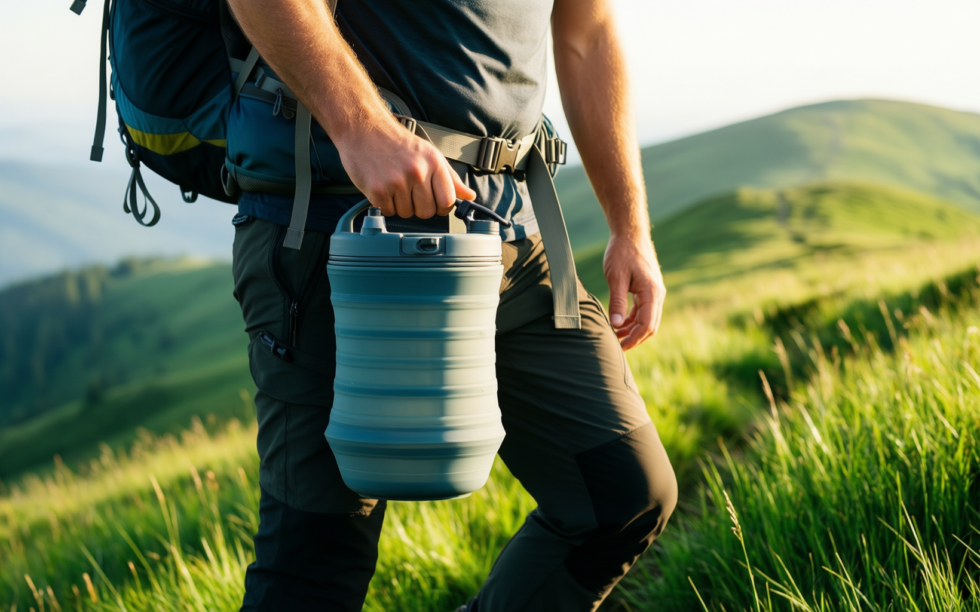 collapsible water container with tap — illustrative AI-generated lifestyle image