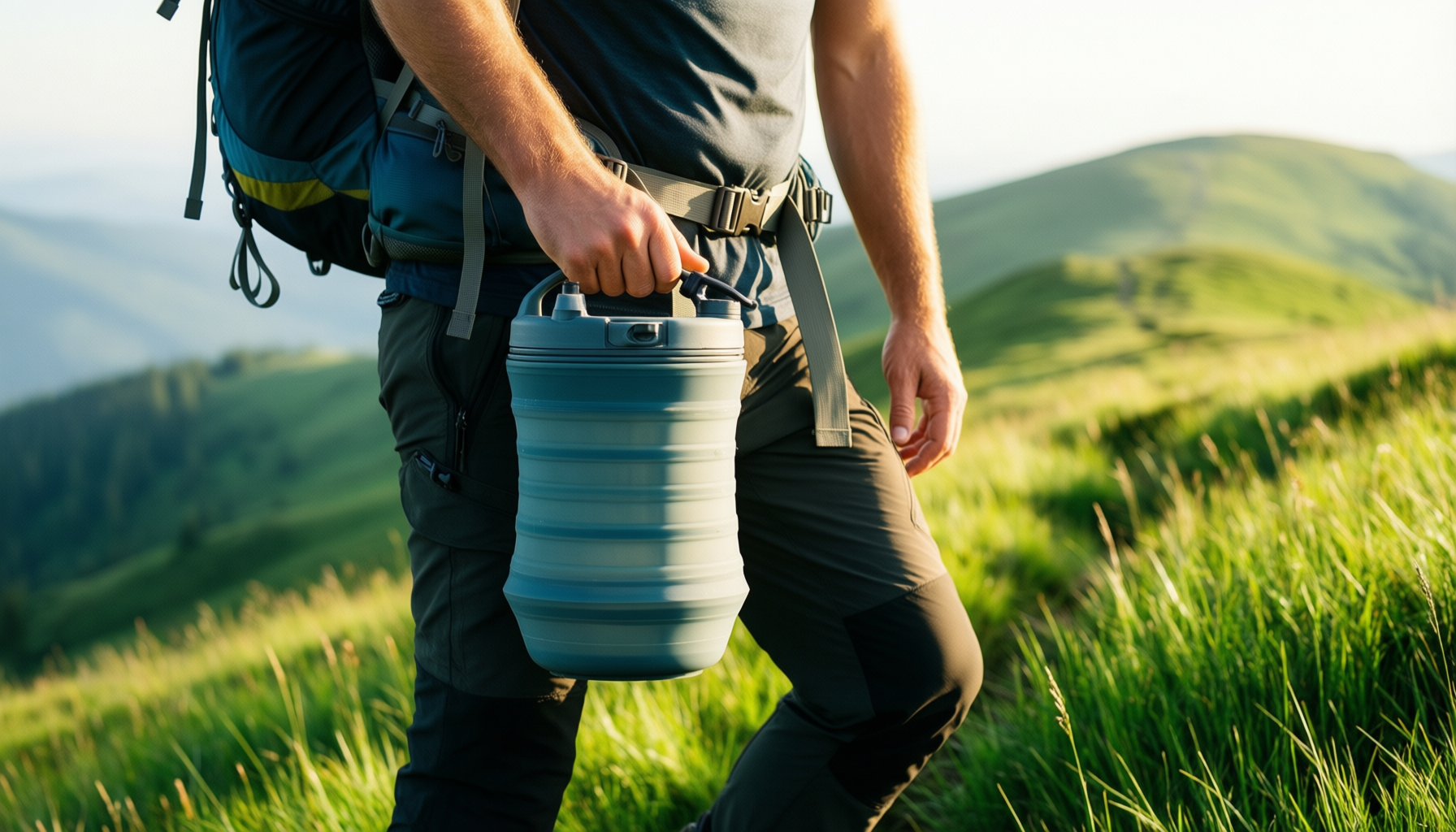 collapsible water container with tap — illustrative AI-generated lifestyle image