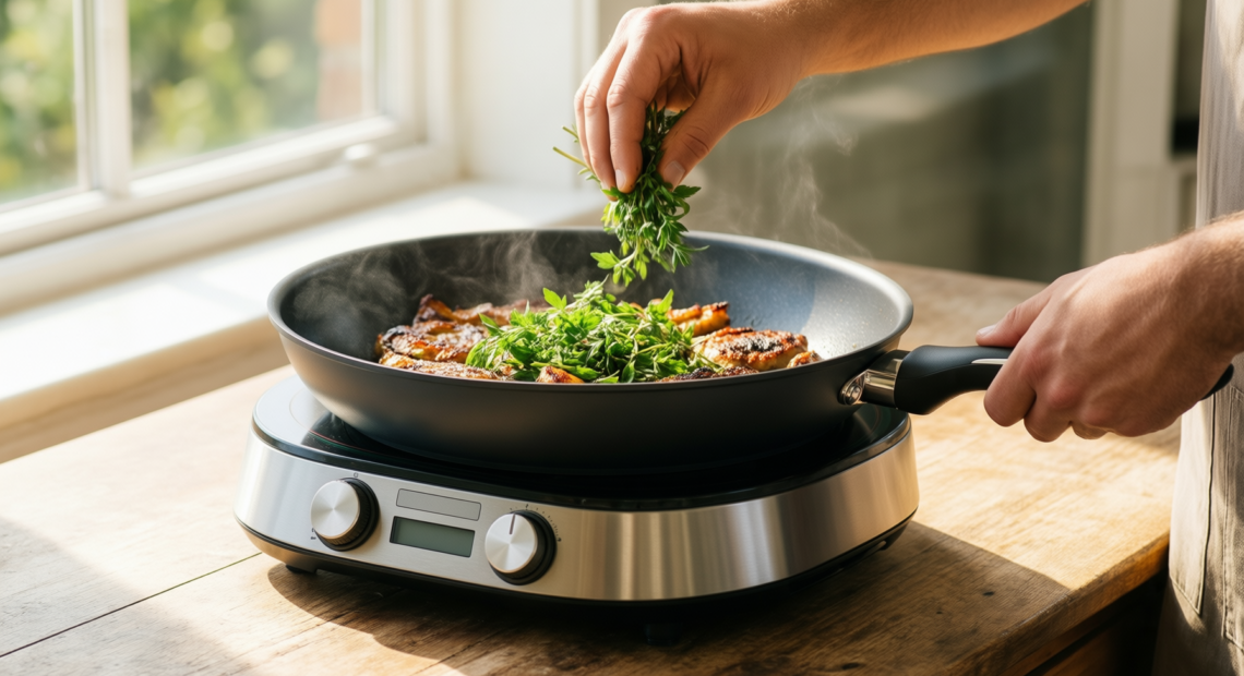 detachable handle frying pan set — illustrative AI-generated lifestyle image