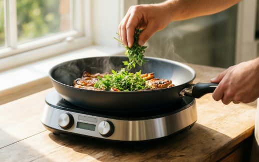 detachable handle frying pan set — illustrative AI-generated lifestyle image