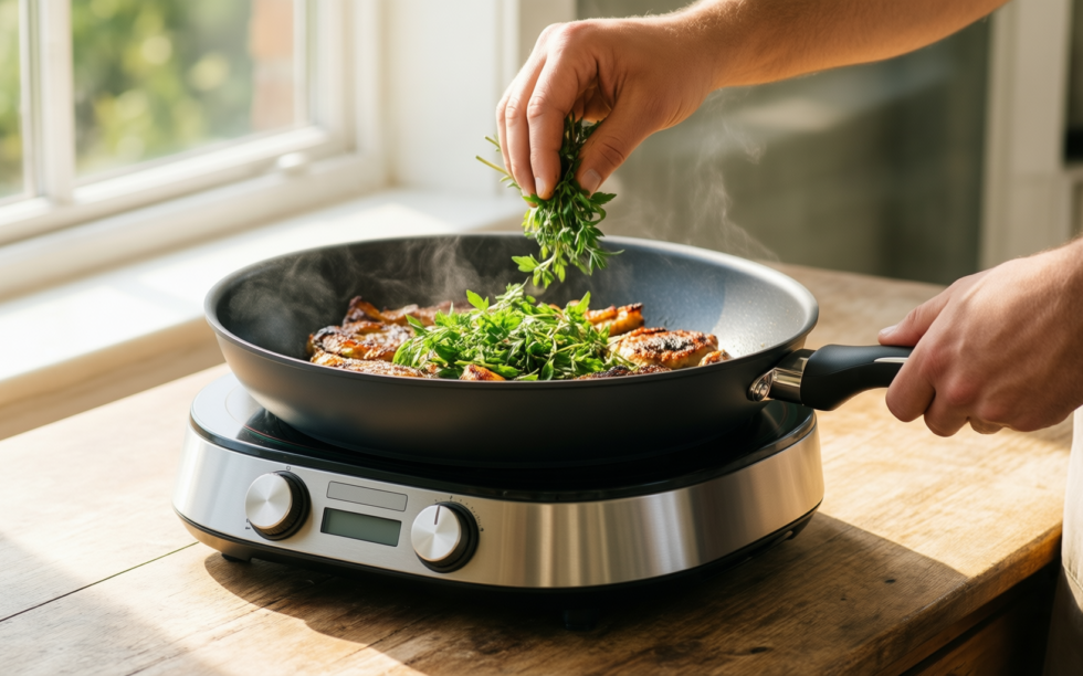 detachable handle frying pan set — illustrative AI-generated lifestyle image