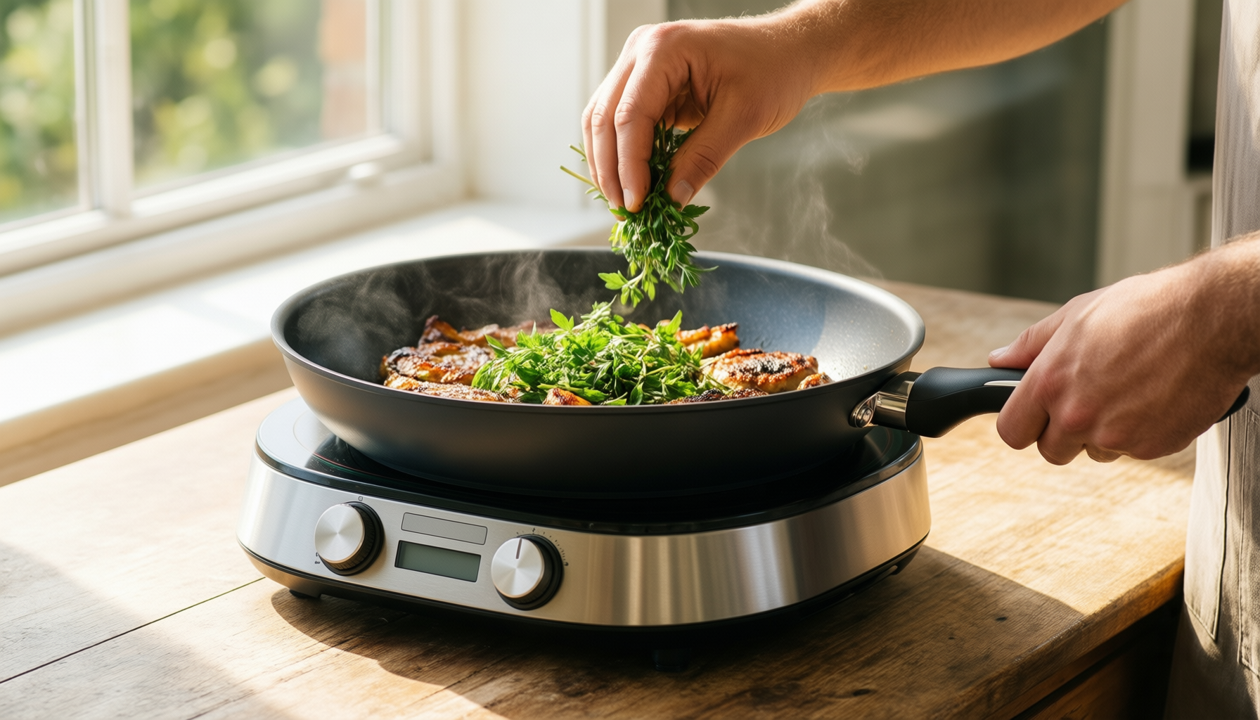 detachable handle frying pan set — illustrative AI-generated lifestyle image