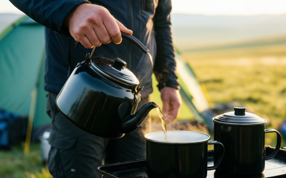 enamel camping set review — illustrative AI-generated lifestyle image