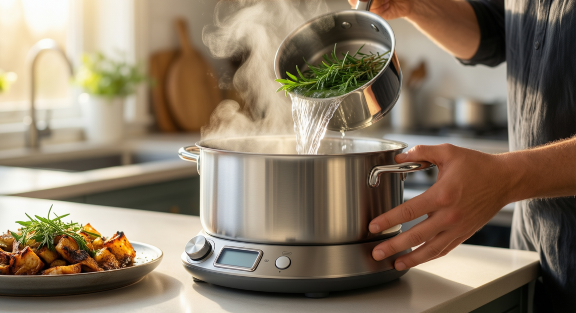 masterclass smart space 3 piece saucepan set — illustrative AI-generated lifestyle image