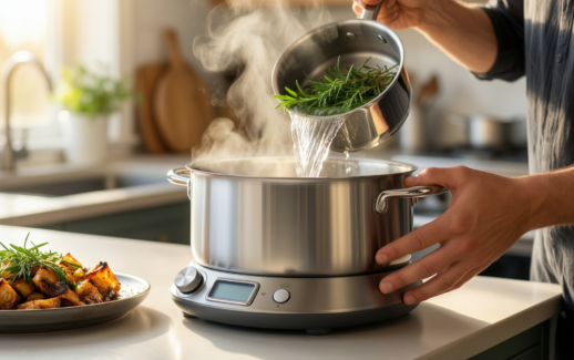 masterclass smart space 3 piece saucepan set — illustrative AI-generated lifestyle image