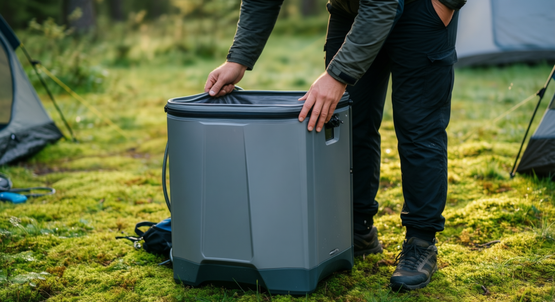 portable camping shower rechargeable — illustrative AI-generated lifestyle image