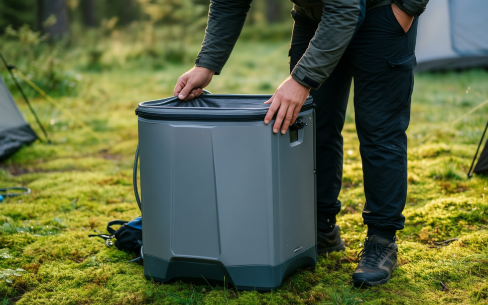 portable camping shower rechargeable — illustrative AI-generated lifestyle image