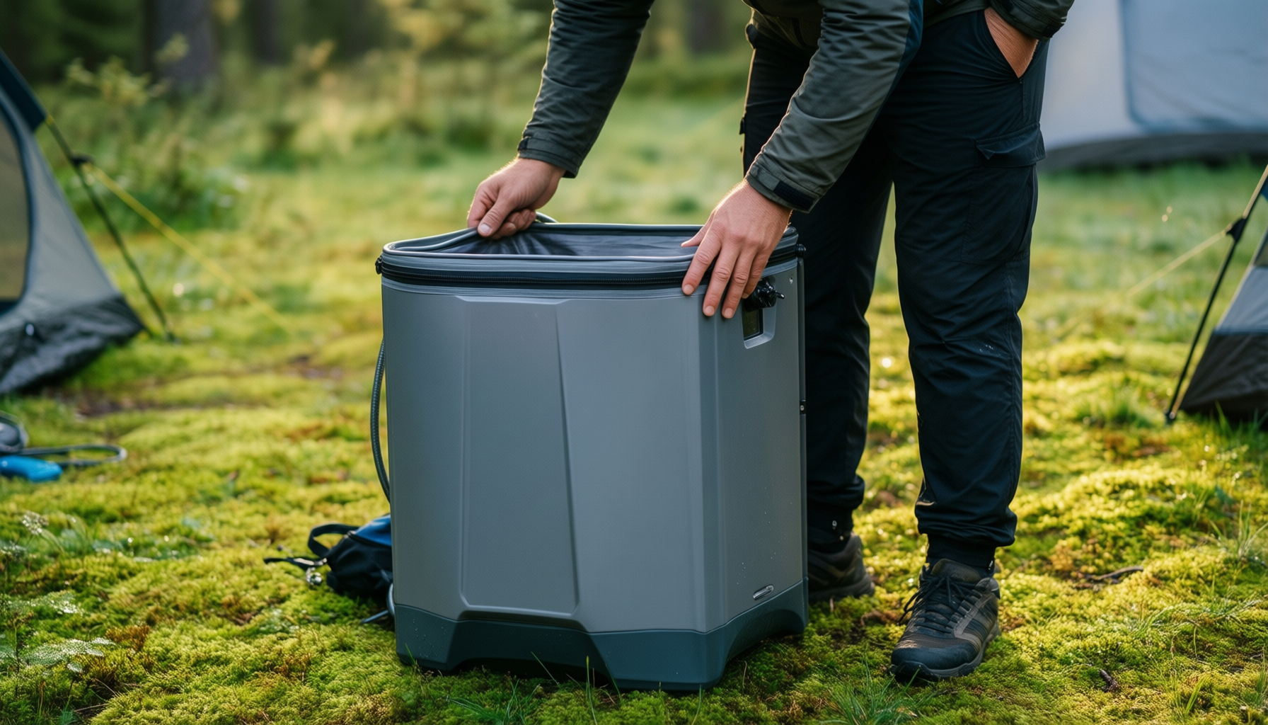 portable camping shower rechargeable — illustrative AI-generated lifestyle image