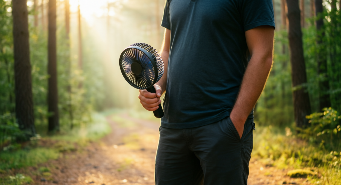 portable rechargeable wind turbine fan — illustrative AI-generated lifestyle image