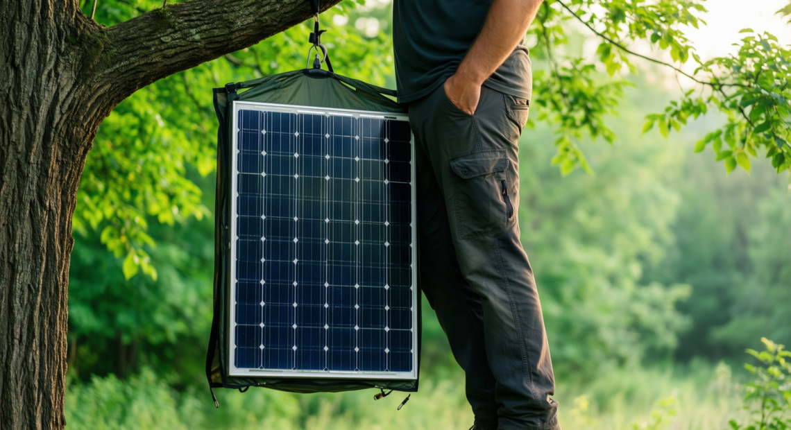 portable solar camp shower — illustrative AI-generated lifestyle image
