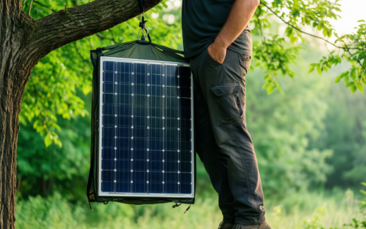 portable solar camp shower — illustrative AI-generated lifestyle image