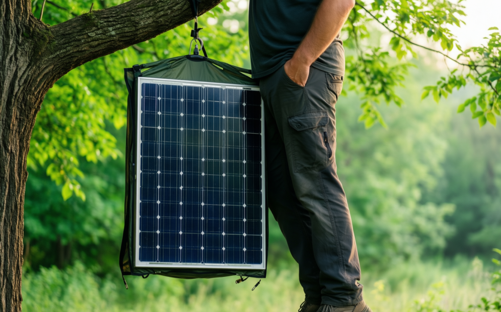 portable solar camp shower — illustrative AI-generated lifestyle image